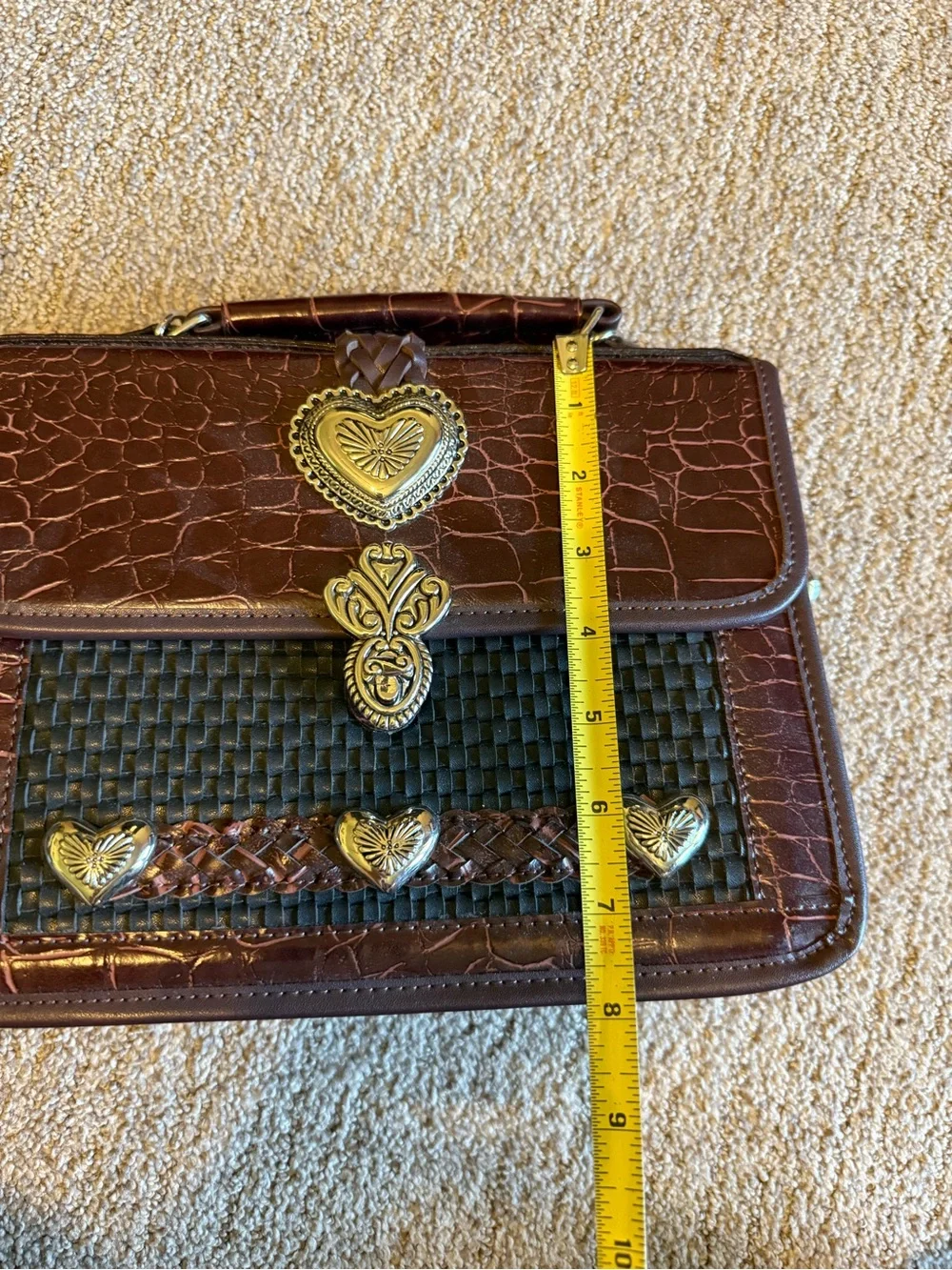 Brighton Brown and Black Croc-Embossed Satchel with Gold Heart Accents